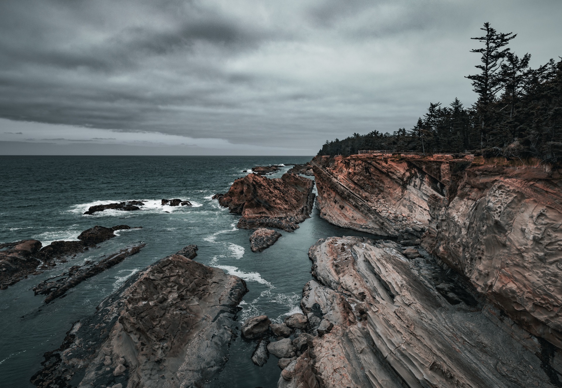 Rugged sea cliffs and rock shelves meeting the ocean under a grey sky