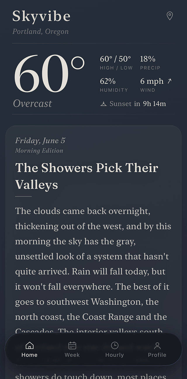 Skyvibe today view, a written forecast over a column of conditions
