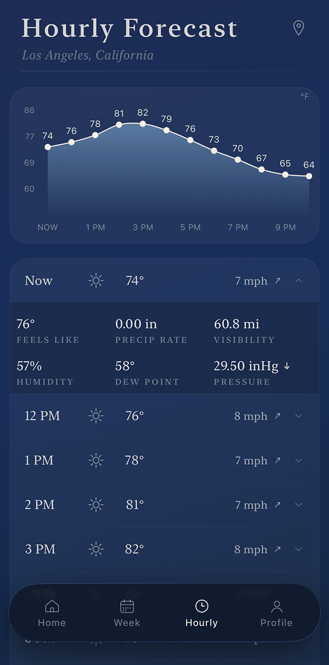 Skyvibe hourly forecast with a temperature curve and detail rows